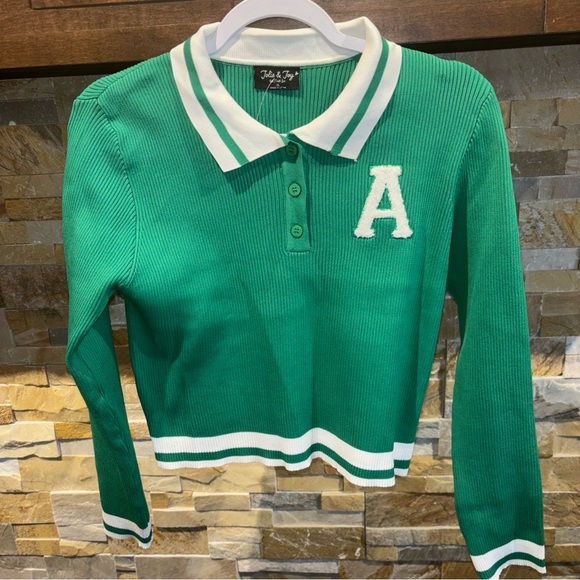JOLIE & Joy  GREEN XL  JR. MONOGRAM A RIBBED CROPPED PREPPY PULLOVER - Picture 1 of 13